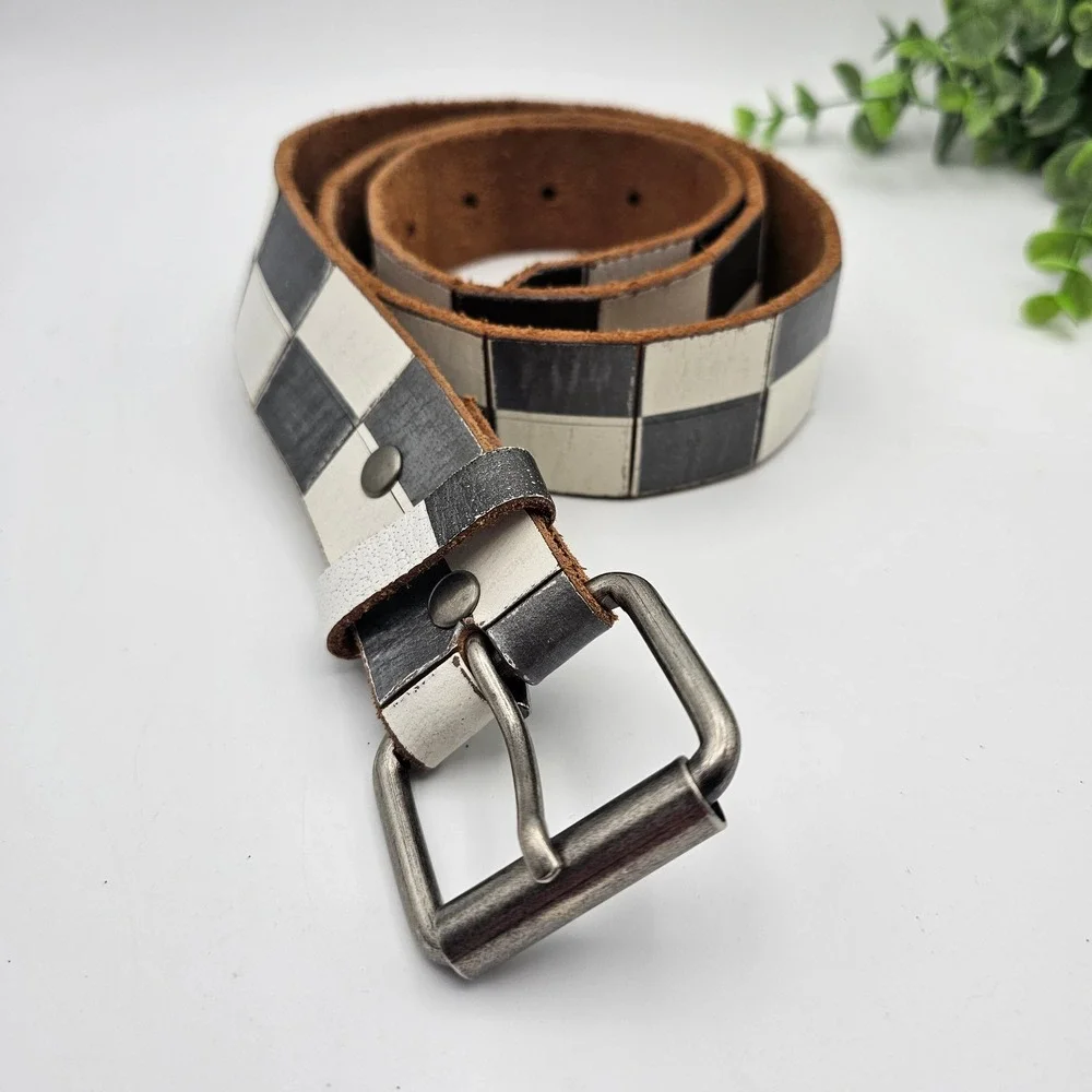 Urban Outfitters Black White Checkered Leather Belt Mens 34 Punk Ska Emo Y2K